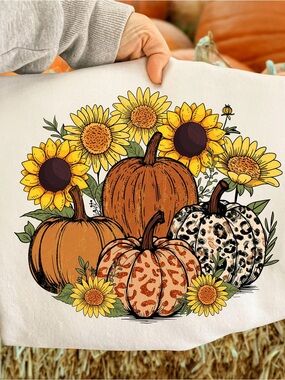 Autumn Leopard & Sunflower Pumpkin Graphic Tshirt Comfort Colors Ivory Small-XL